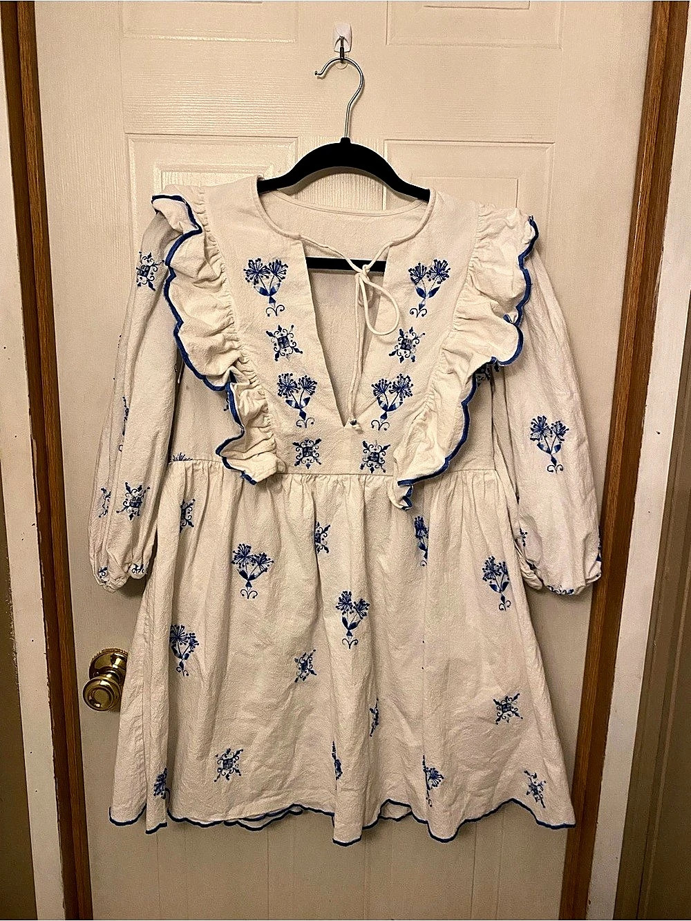 Anthropologie Rare Sample Embroidered Floral Mini Dress in Cream & Blue